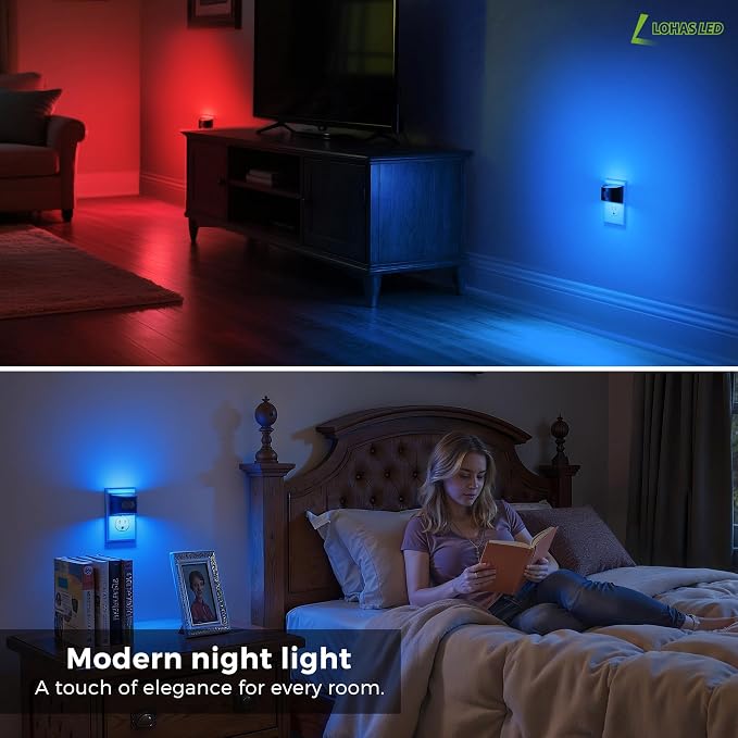 L LOHAS LED Motion Sensor Night Light, Night Lights Plug into Wall, 4 Pack | Nightlight with Dusk to Dawn & Motion Detection Sensor, 30-100Lm Adjustable Brightness, Blue Light, Black Housing