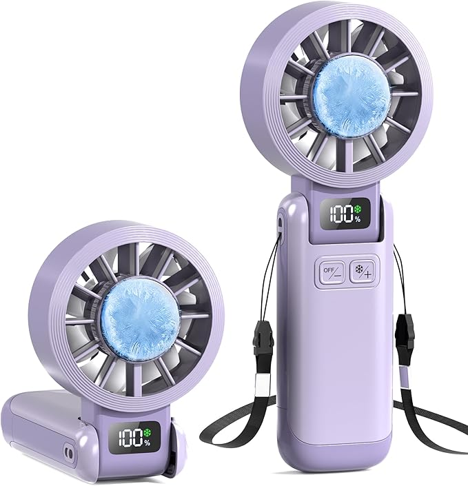 Portable Fan Handheld with Ice Cooling Rechargeable 5.5m/s Speed | 5-Speed, Independent Switch, Digital Display, Foldable Personal Fan for Travel/Concerts/Sport Events/Gifts