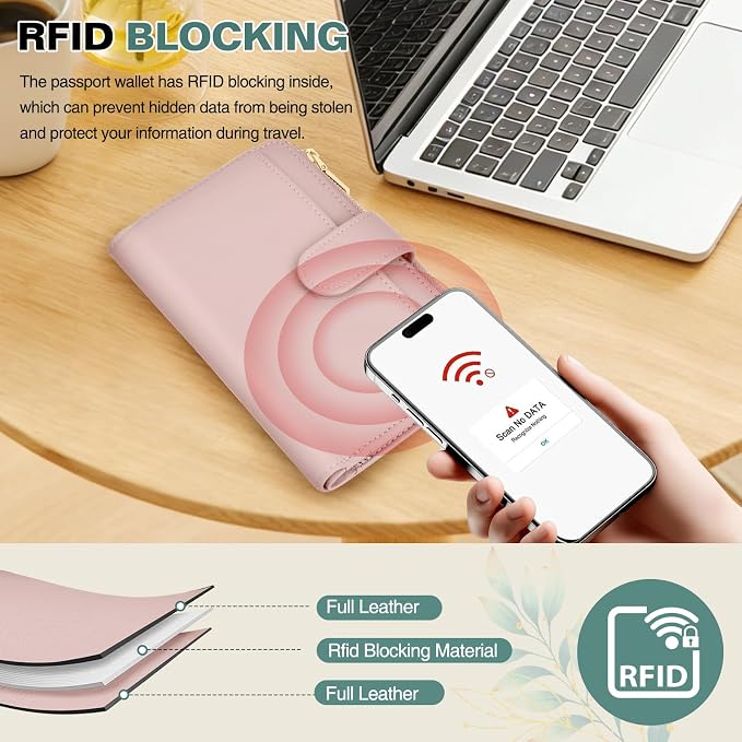 RFID Passport Holder for Travel, Leather Passport Wallet Cover with Airtag | with Airtag Slot, Card Cash Holders, Zippered Coins Pocket, for Women/Men, Gift Box, Travel Essentials, 4.1"L x 1"W x 6.3"H