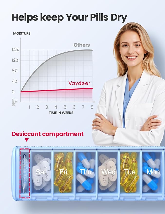 Vaydeer Metal Travel Pill Organizer – Compact Weekly Pill Box for Daily Medication – Portable Small Pill Case for Vitamins, Pills & Supplements (Blue)