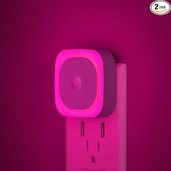 Pink Night Light Motion Sensor, Dimmable Plug in Nightlight, 2 Pack | 3 Modes, Auto Dusk to Dawn Sensor, Eye-Care Reflected Glow, Nightlight Plug into Wall, Pink Lamp for Bedroom, Girls, Bathroom