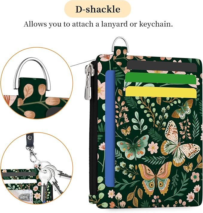 Hancynir Butterfly Floral Credit Card Holder Small Wallet Women, Slim RFID | Cute Zipper Keychain Pocket, Thin Travel Coin Purse, PU Leather, Minimalist Card Case, 6 Card Slots, Ladies Women Gifts