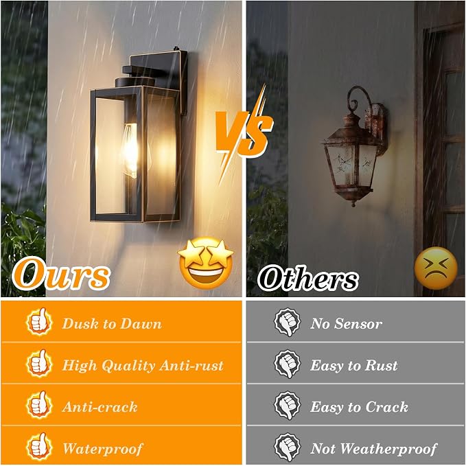 Upgraded Dusk to Dawn Outdoor Wall Lights, Bronze, 2-Pack | Auto On/Off, Rust-Resistant, Quick & Easy Installation, Waterproof & Weatherproof, Thick Clear Glass & Durable Metal