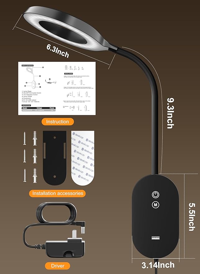 Wall Mounted Reading Light, Bedside Headboard Lights with 10W USB Output Fast, 5 Dimmable & 4 Color Temperature, Memory Function, 4-Hour Auto Off, Flexible Rotation 3000K-6000K Bed Wall Lamp (Black)