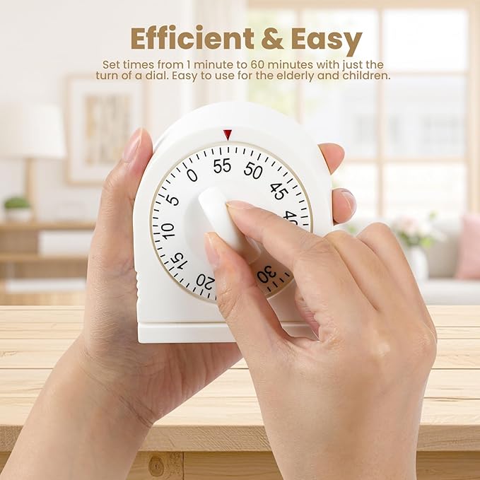 Kitchen Timers for Cooking, 60 Minute Wind Up - Chef Cooking Timer with Loud Alarm,100% Mechanical Desk Timer -No Batteries Required - Manual Countdown timers for Home, Study and Cooking (White)