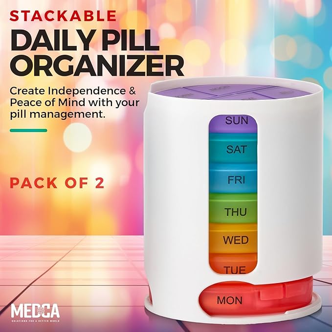 MEDca Weekly Pill Organizer, 1 Dispenser, 7 Stackable Multi-Color Compartments Four Times-a-Day - Morning, Noon, Evening, and Bedtime, White, 2-Pack