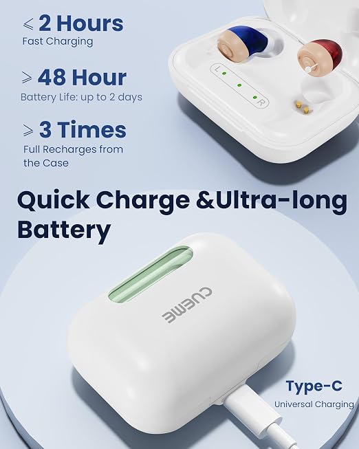 CUEME Hearing Aids, OTC Rechargeable Hearing Aids for Seniors & Adults with Hearing Loss – Mini Invisible Comfortable Design, Clear Sound, Auto On/Off, Up to 48H Battery Life, Portable Charging Case
