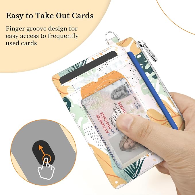Hancynir Boho Leaves Slim Wallet Women Credit Card Holder, RFID Small Cute | Zipper Pocket Wallet, Thin Travel Coin Purse, Ladies Women Gifts, Minimalist Card Case, 6 Card Slots, ID Window, PU Leather