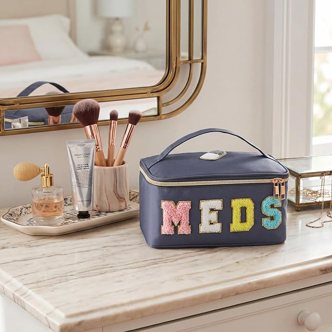 Geetery Clear Makeup Bag Chenille Letter Meds Bag Travel Cases Preppy Patch with Zipper, Portable Cosmetic Toiletry Storage case for Women (Meds,Gray)