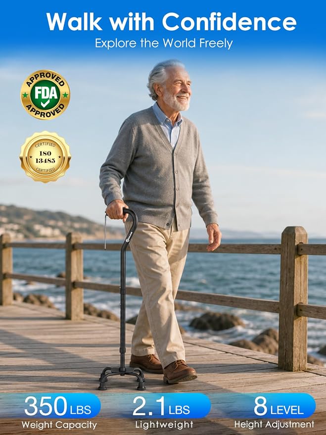 WHLICKS Quad Cane for Stability, Adjustable Walking Cane for Women & Men with A Large 4 Pronged Base for Balance, Self Standing Cane, 350lbs Heavy Duty Cane with 4 Legs, Walking Sticks for Seniors
