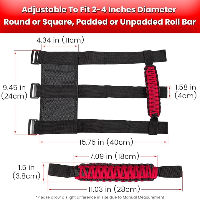 E-cowlboy Roll Bar Grab Handles Grip Handle for Jeep Wrangler JK JKU JL JLU TJ YJ Sports Sahara Freedom Rubicon Unlimited Gladiator JT 1955-2023 UTV ATV Accessories Premium 550 Paracord (Red 2 Pack)