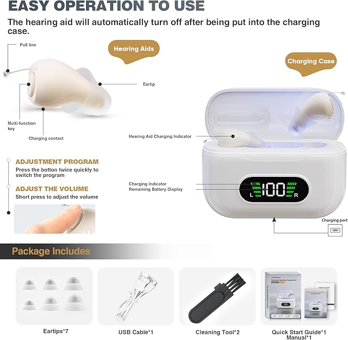 Hearing Aids for Seniors Rechargeable with Noise Cancelling, Hearing Aids Compatible with Oricle, Clear Sound &UV Cleaning, Super-Mini Invisible Design Comfort Fit in Ear Canal, White