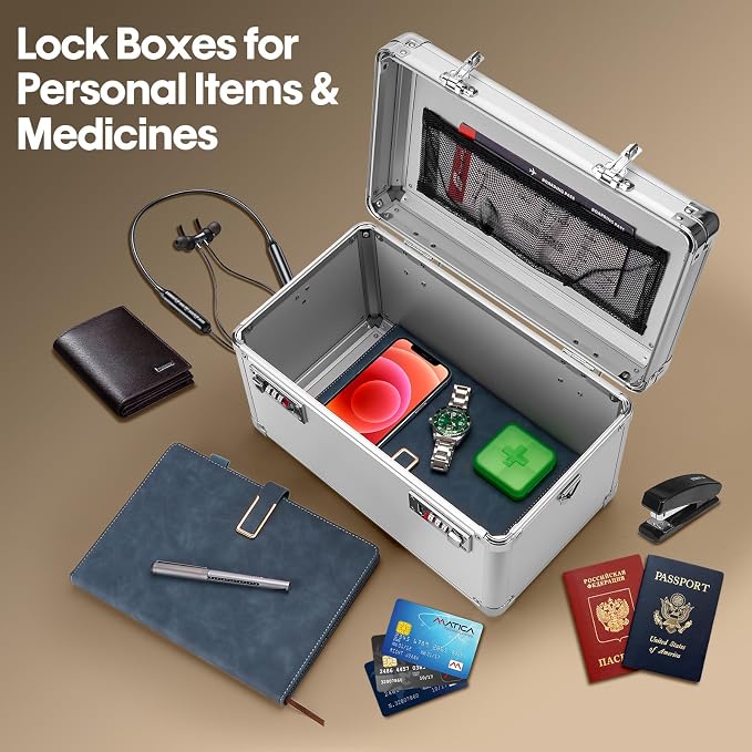 LOCKCURX Lock Box - Security Combination Lock Box, Locking Storage Case for Personal Items and Medicine, Childproof Lockable Lockbox for Home/Office/School, 11.2x7.4x6.8 Inch, Silver