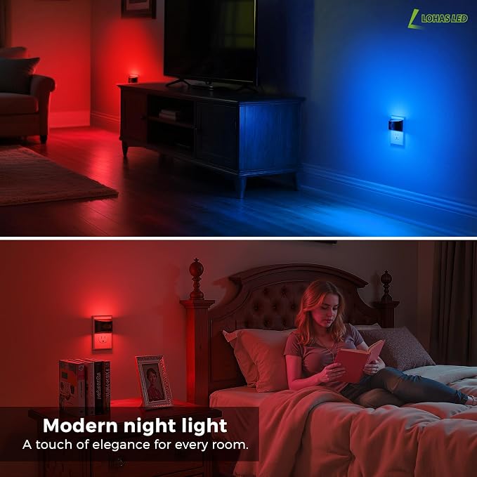 L LOHAS LED Motion Sensor Night Light, Night Lights Plug into Wall, 2 Pack | Nightlight with Dusk to Dawn & Motion Detection Sensor, 30-100Lm Adjustable Brightness, Red Light, Black Housing