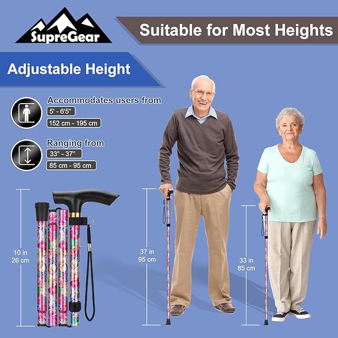 supregear Folding Cane, 5-Level Adjustable Height Walking Stick Lightweight Collapsible Portable Travel Cane with Wrist Strap and T Handle for Elderly Disabled Men Women