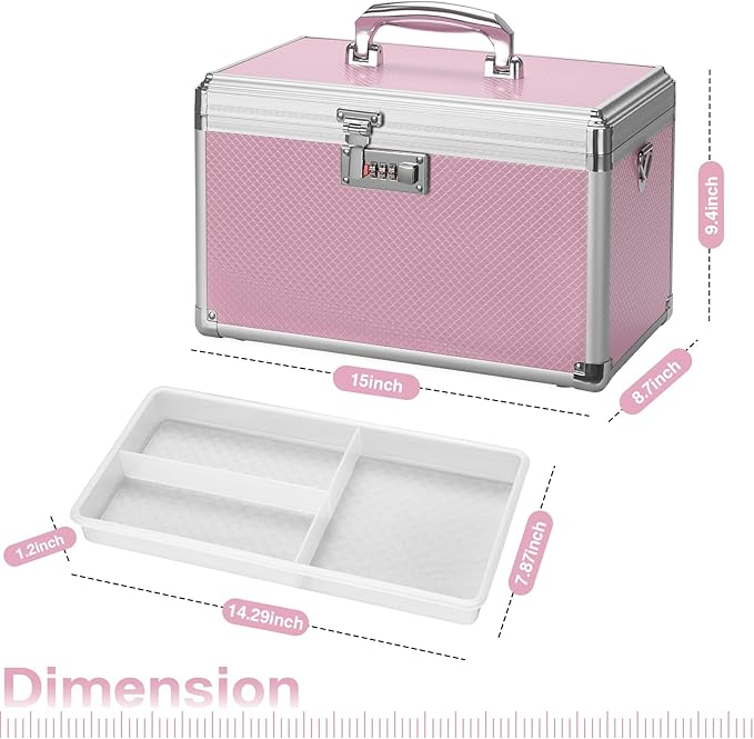 Medicine Lock Box with Combination Lock - 15 x 8.7 x 9.4 Inches - First Aid Safe Medication Storage Box, Personal Items Safe Case for Home and Outdoor - Pink