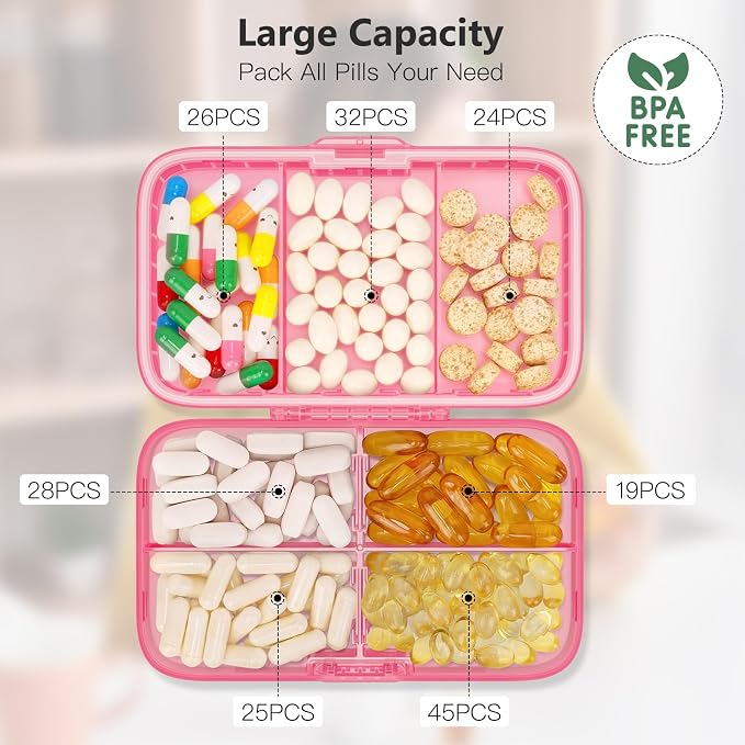 FYY Weekly Pill Organizer with Labels,8 Compartments Travel Daily Pill Case Airtight Moistureproof Large Pill Box to Hold Vitamins, Fish Oil, Supplements,Cotton Swab and Bandages-Hot Pink