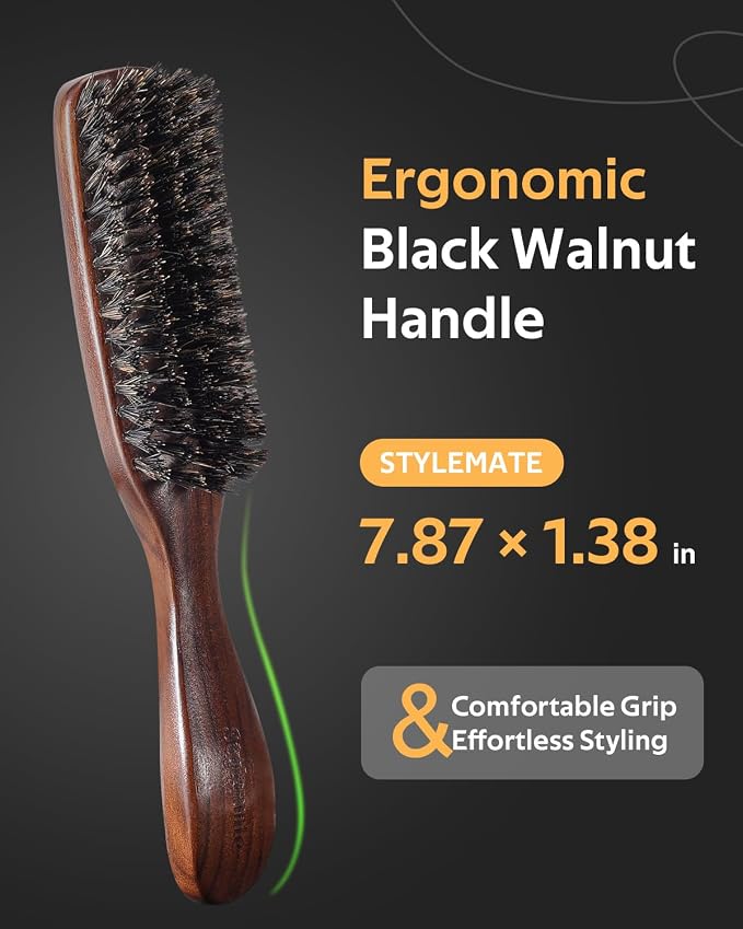 STYLEMATE Boar Bristle Mens Hair Brush | Slick Back Beard Brush with Natural Black Walnut Wooden Handle and Stiff Bristles for Thick & Fine Hair
