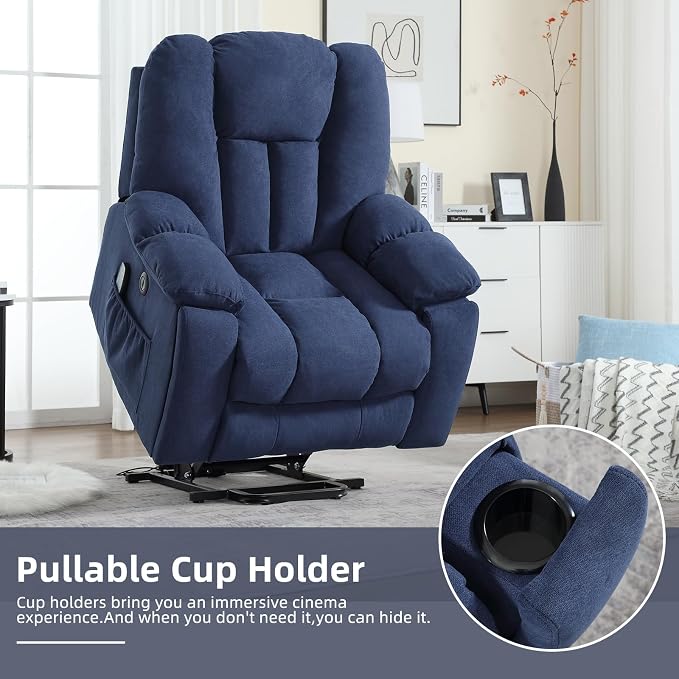 Power Lift Recliner Chair with Massage and Heat for Elderly, Overstuffed Wide Recliners, Heavy Duty and Safety Motion Reclining Mechanism with USB Ports, 2 Concealed Cup Holders, Navy Blue