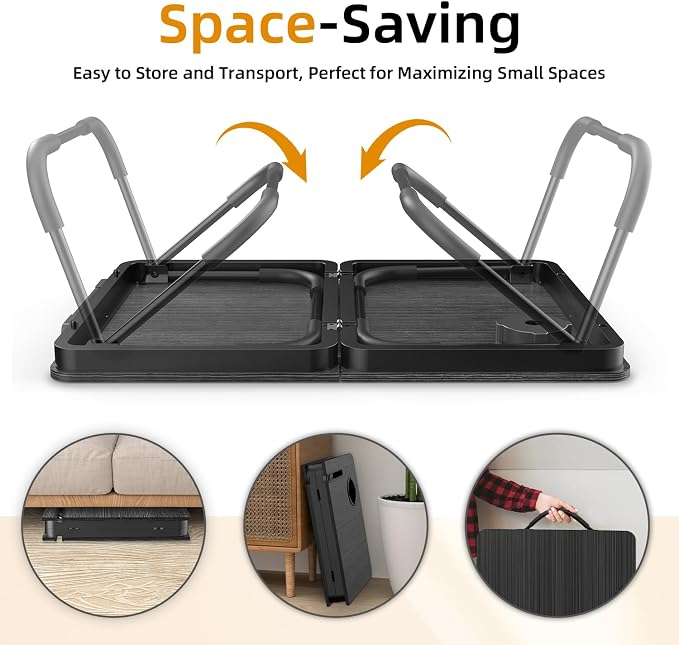 BUYIFY 23.4" Foldable Lap Desk Bed Table with Cup Holder Tray Black | Portable Folds Flat for Easy Storage, No Assembly Laptop Bed Desk, Sturdy and Lightweight, Patent Design