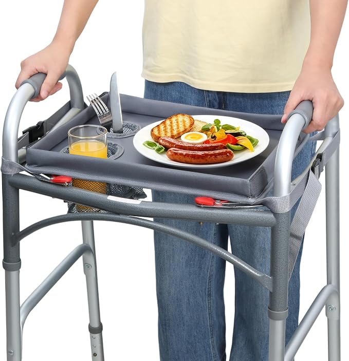 Detachable Walker Tray with Cup Holder, Rolling Folding Walker Accessory for Elderly, Gray Without Pockets with Baffles