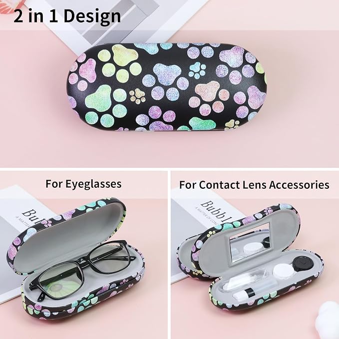2 in 1 Contact Lens Case and Eyeglasses Case for Women Men Kids, Double Sided Hard Shell Portable Glasses Travel Holder with Built-in Mirror, Contact Lens Box Storage Kit (Multicolor Paw)