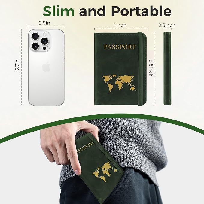 Passport Holder Travel Women Men, Passport Wallet with Airtag Slot, Green | RFID Blocking PU Leather Passport Holder Cover Case with Card Holder, Pen Slot