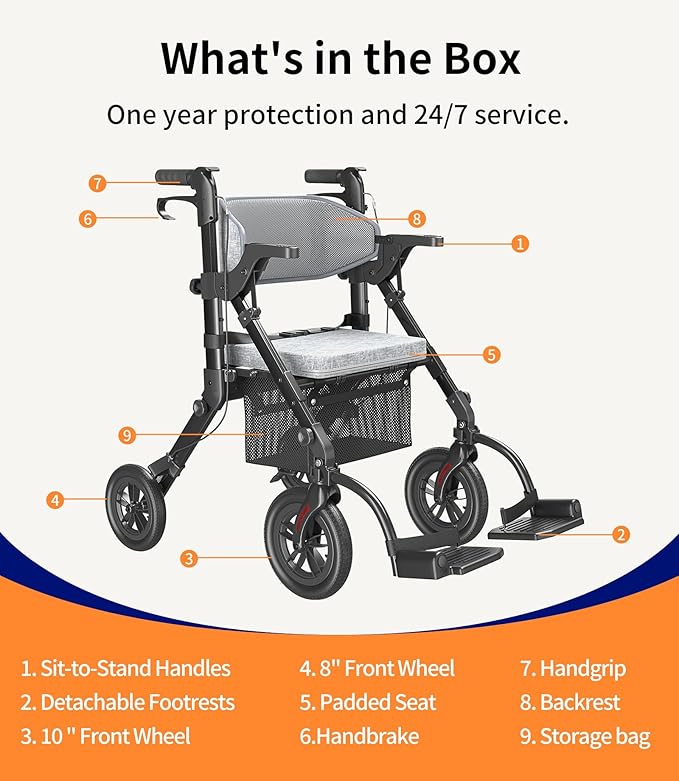 VOCIC Rollator-Walkers-for-Seniors-with-Seat, Walker Wheelchair Combo, Transport-Wheelchair-Lightweight-Foldable, Adult Walkers All Terrain, 2 in 1 Rolling Walker Chair with Brakes & Pouch