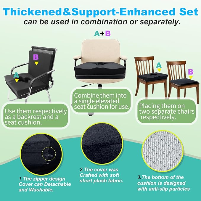Gel Wheelchair Seat Cushion,Bed Sore Cushions for Butt,Pressure Sore Cushion for Office Chairs,Sciatica,Coccyx,Pain Relief Butt Pillow,Washable Cover.(Plush-Fabric&Support-Enhanced Set Black)