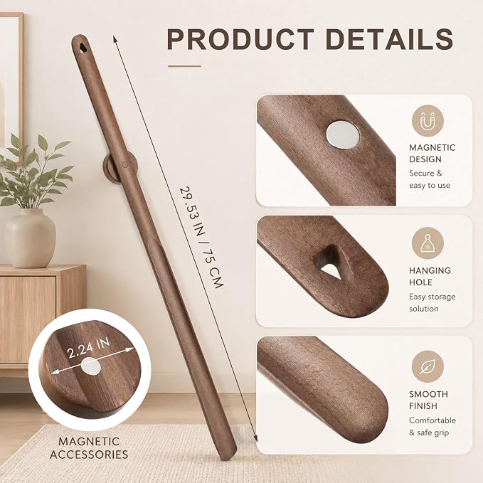 Geelin 2 Pcs 29.5" Magnetic Shoehorn, Long Wooden Shoe Horn Long Handle Shoehorn for Seniors Men Women, Magnetic Base Wall Mounted Dressing Stick for Elderly Limited Mobility (Walnut)