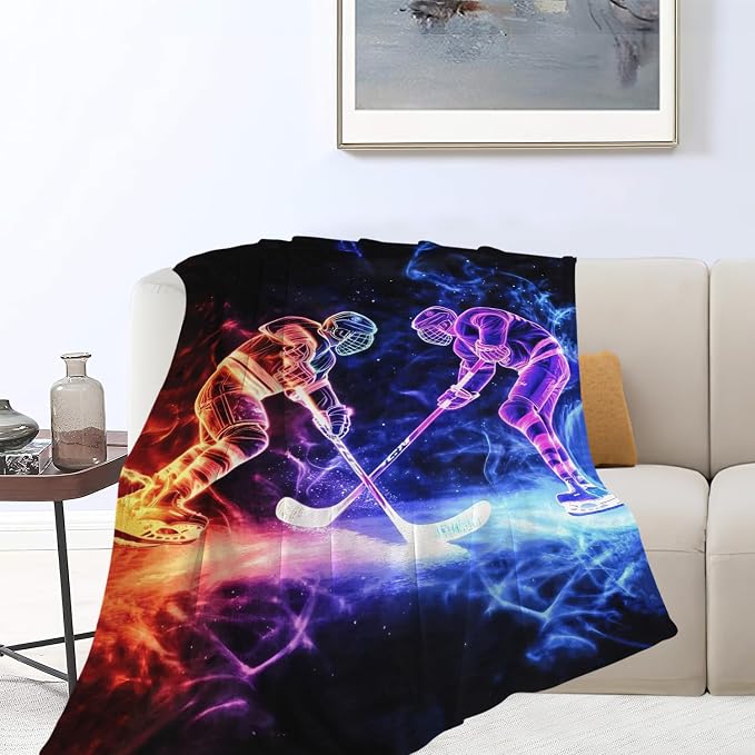Yibuda Neon Hockey Player Blanket Ice Hockey Flannel Plush Throw Blanket Cozy Sports Fans Decor Fleece Stuff Blanket Gifts for Lover Girls Boys Kids Adults Women Bed Travel 40"x50"