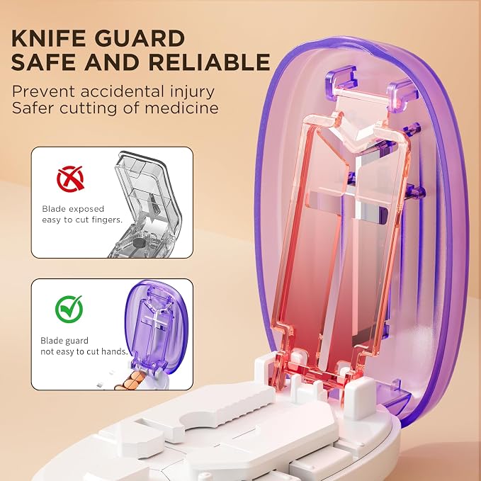 Pill Cutter Splitter for Small and Tiny Pills, 1/2 1/4 Pill Splitter for Small Pills,Tablets in Half or Quarters, Accurate and Easy Cutting, Stainless Steel Blade, Back Storage (Purple)