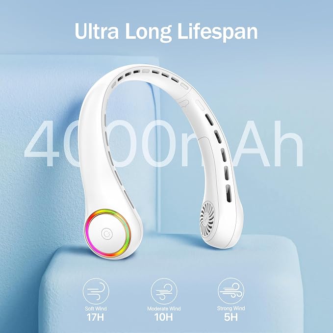 GULAKI Portable Neck Fan, Personal Fan with 4000mAh Battery, Rechargeable Neck Fan with 3 Speeds and 64 Cool Lights, Birthday Gifts for Men Women Mom Dad, Hands Free Cooling fan for Summer(White)