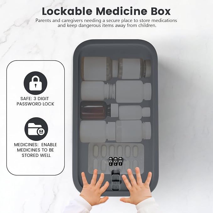 Small Lock Box,Lockable Storage Box with Combination Code for Medication Safe, Medicine Lock Box for Pills/First Aid Kits/Food/Snack Phone Jail,Locked Container for Home/Fridge/Office/School(Grey)