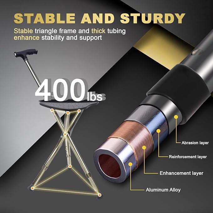 BigAlex Alloy Folding Cane with Seat, Lightweight Adjustable Walking Cane with Seat, Cane Seat with LED for Seniors, Cane Chair for Woman/Man,Anti-Slip Walking Stick for Seniors