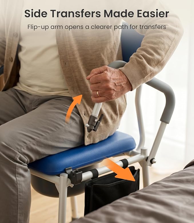 Vocic Drop Arm Bedside Commodes for Adults/Seniors/Disabled Users, YR11 LITE | Wide Adjust to 22.8" | Height Adjust to 23" | 400lb Capacity | Padded Seat | Motion Light | 6.3Qt Bucket with Lid