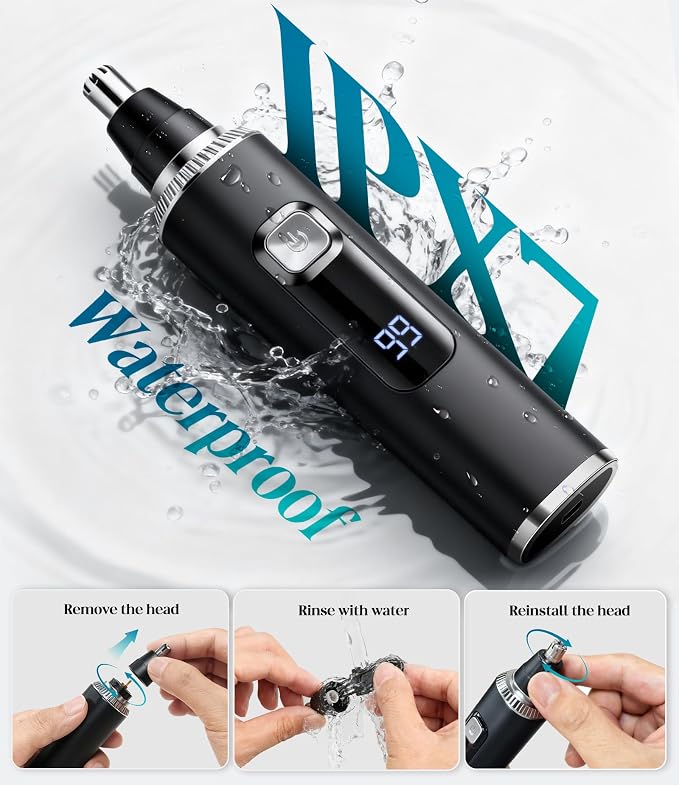 Nose Hair Trimmer for Men and Women, Type-C Rechargeable Precision Groomer with Double-Edged Blades, Painless & IPX7 Waterproof Design for Nose, Ears, Eyebrows and Facial Hair - Black
