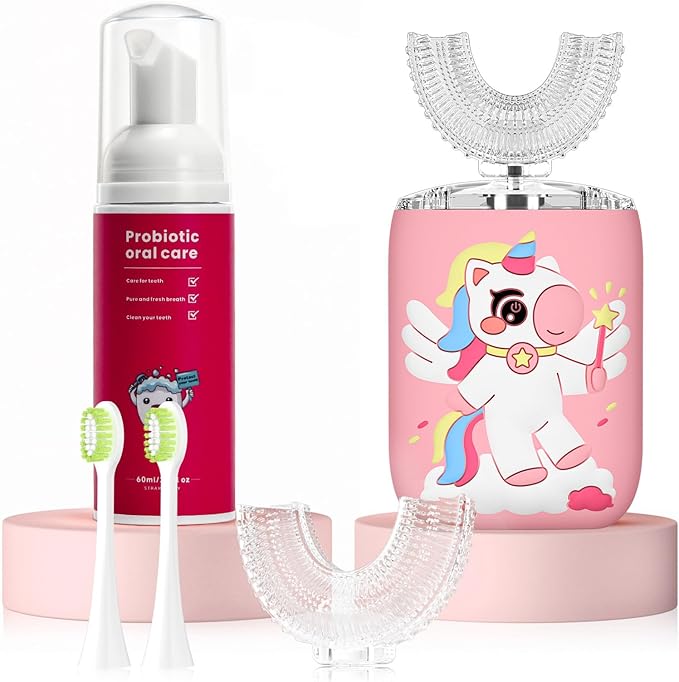 Kids Electric U Shaped Toothbrush, Kids Unicorn Sonic Automatic Toothbrush with 4 Soft Brush Heads with Toothpaste - (Age 2-7, Pink)