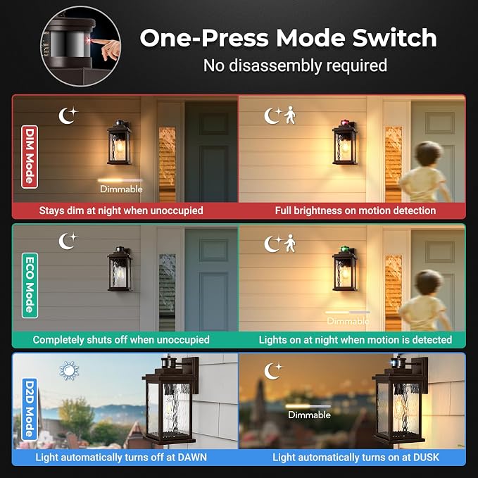 VIANIS 2 Pack Large Adjustable-Sensitivity Motion Sensor Outdoor Lights | Oil-Rubbed Bronze Porch Light, Tempered Ripple Glass, Aluminum Waterproof Outdoor Light Fixture, Exterior Lights for Garage