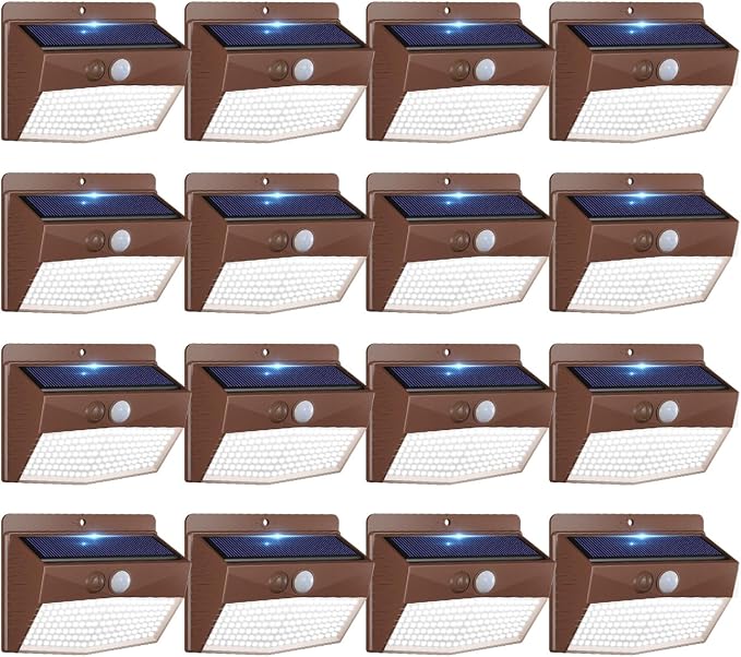 16 Pack Solar Motion Sensor Lights Outdoor Waterproof with 3 Modes | Cool White, Brown Frame, LED, Solar Powered, Security Lighting for Outside Wall Garden Fence Yard Deck Patio Garage