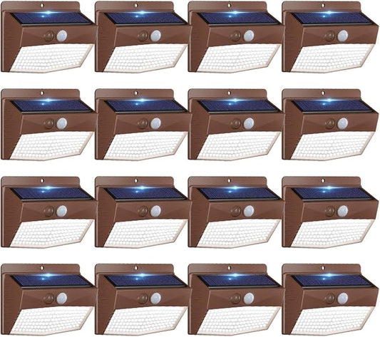 16 Pack Solar Motion Sensor Lights Outdoor Waterproof with 3 Modes | Cool White, Brown Frame, LED, Solar Powered, Security Lighting for Outside Wall Garden Fence Yard Deck Patio Garage