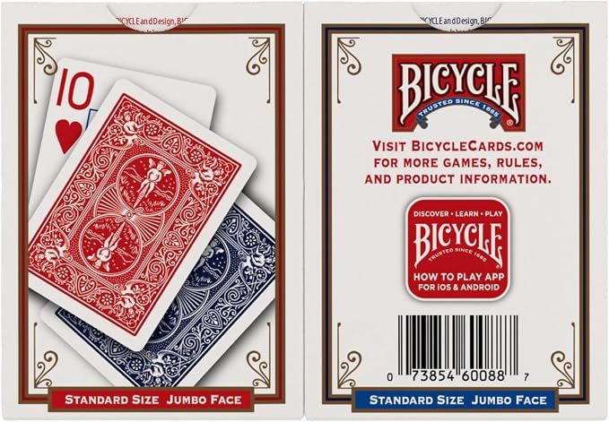 Bicycle Jumbo Index Playing Cards 2 Pack Large Print Poker Size | Easy-to-read numbers and suits, Air Cushion Finish, Made in USA, 6 red and 6 blue backs, For all card games