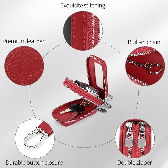 SENDEFN Car Key Fob Case Double Zipper Leather Smart Remote Keychain Protector Holder with Transparent Window