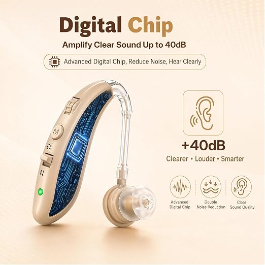 OTC Hearing Aids for Senior, Rechargeable Hearing Aids with Noise Cancelling, Behind-The-Ear Hearing Amplifier for Adults Hearing Loss with Volume Control (Brown)