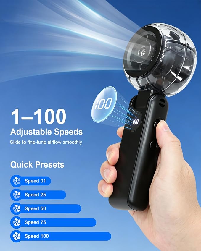 Portable Misting Fan, Rechargeable Handheld Spray Fan | 100-Speed Adjustable Cooling Fan with Water Mist Spray, Foldable Design, Lanyard Included for Outdoor Camping & Travel