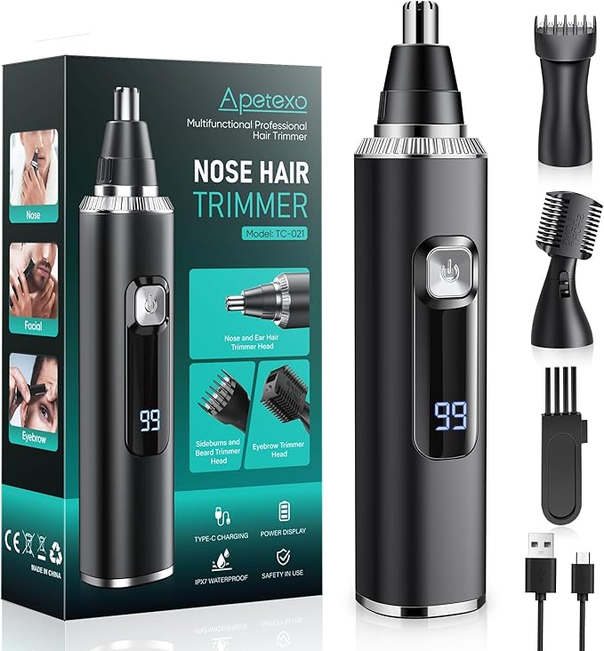 Nose Hair Trimmer for Men and Women, Type-C Rechargeable Precision Groomer with Double-Edged Blades, Painless & IPX7 Waterproof Design for Nose, Ears, Eyebrows and Facial Hair - Black