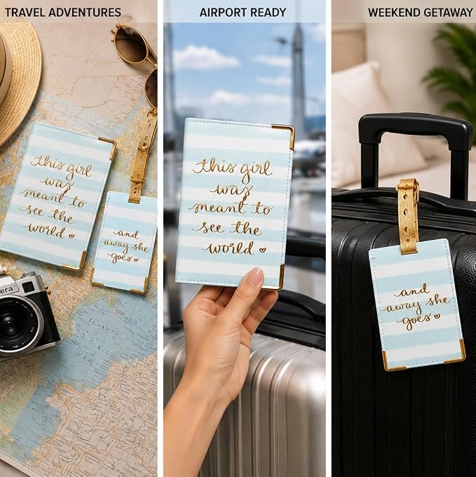 WORD TRAVELER Passport Cover Holder And Luggage Tag Set In Gift Box | Faux Material, Adjustable Buckle Strap, Privacy ID Window, Slim Lightweight Build for Easy Carry