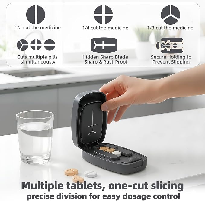 Pill Cutter Splitter with Adjustable Slot, 1/2 1/3 1/4 Even Splitting for Small Large Pills, Oval Long Tablets & Vitamins, Dual Fixing Clips, Multi-Pill Cutting, Hidden Sharp Blade (Black)