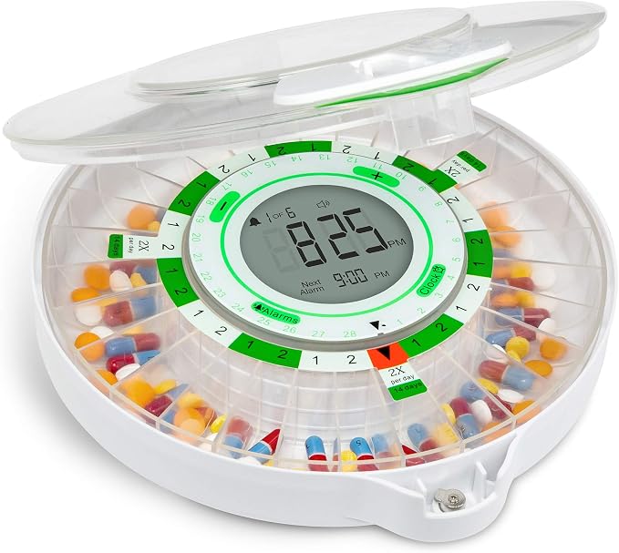 Live Fine 4-Week Pill Dispenser, Locking Pill Organizer, Clear Lid | Medication Organizer, 9 Dosage Rings, Jumbo LCD Display, Audio & Visual Alerts, Lockable Medicine Box