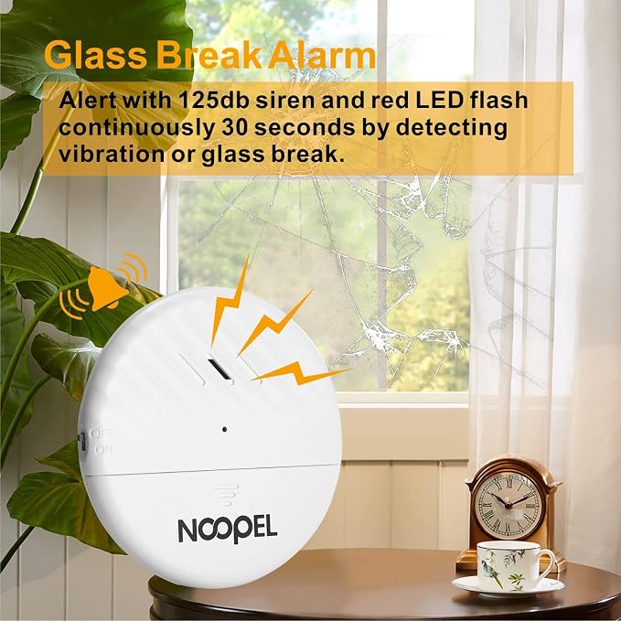 Glass Break Sensor 5 Pack, 125dB Loud Vibration Window Alarms for Home Security, Anti-Theft Protection with Adjustable Sensitivity Settings & Low Battery Indicator